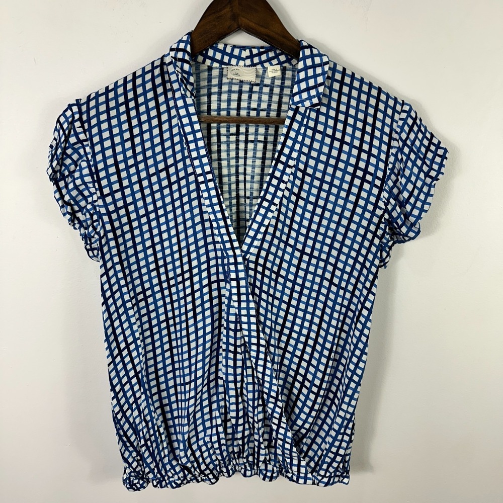 Postmark Womens Top XS Blue Gingham Wrap Blouse Grid Print Cottage Preppy Picnic